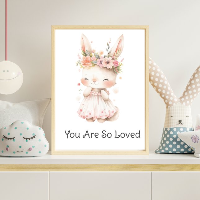 Baby Bunny Rosa Dress Flowers Flicka Nursery Poster (Baby Bunny Pink Dress Flowers on Head You are So Loved Nursery Wall Art Poster)