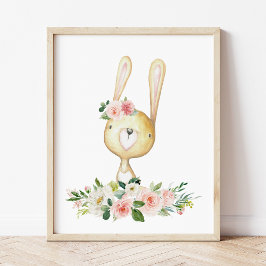 Baby Bunny, Woodland Animals, Boho, Rosa Flowers Poster