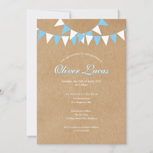 Baby Bunting Blue Baptism Christening Rustic Inbjudningar (Framsida)