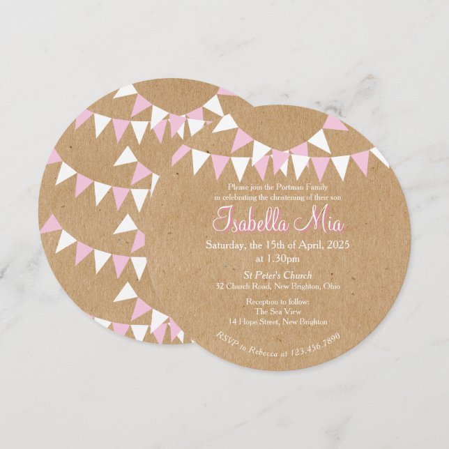 Baby Bunting Rosa Baptism Christening bjudande Inbjudningar (Fram/baksida)