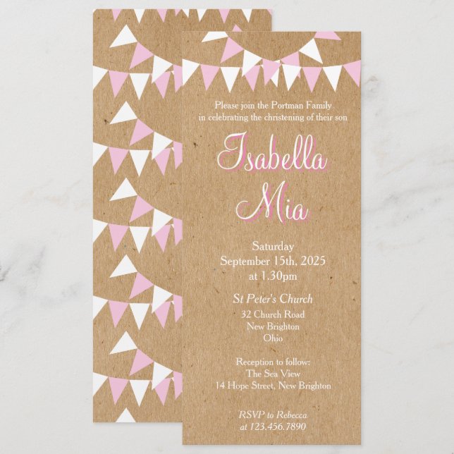 Baby Bunting Rosa Dopning Dop Invitation Inbjudningar (Fram/baksida)