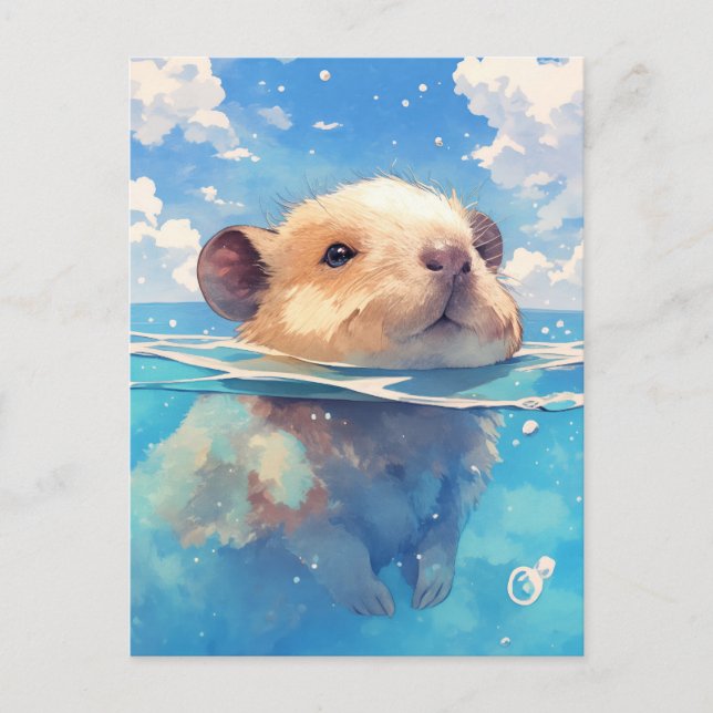 Baby Capybara Swimming in Deep Blue Ocean Water Vykort (Framsida)