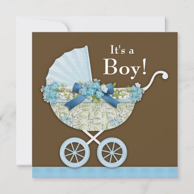 Baby Carriage Brown Blue Pojke Shower Inbjudningar (Framsida)