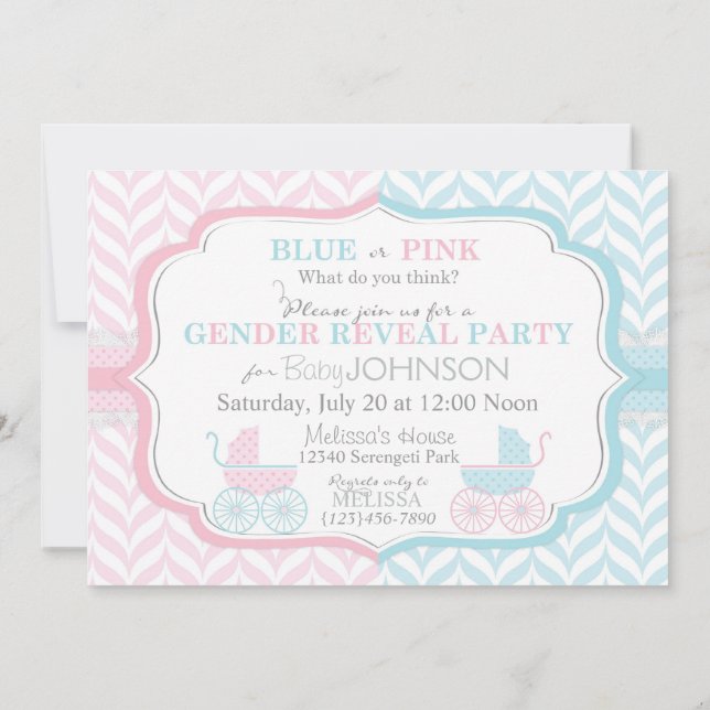 Baby Carriage & Chevron Print Gender Reveal Inbjudningar (Baksida)