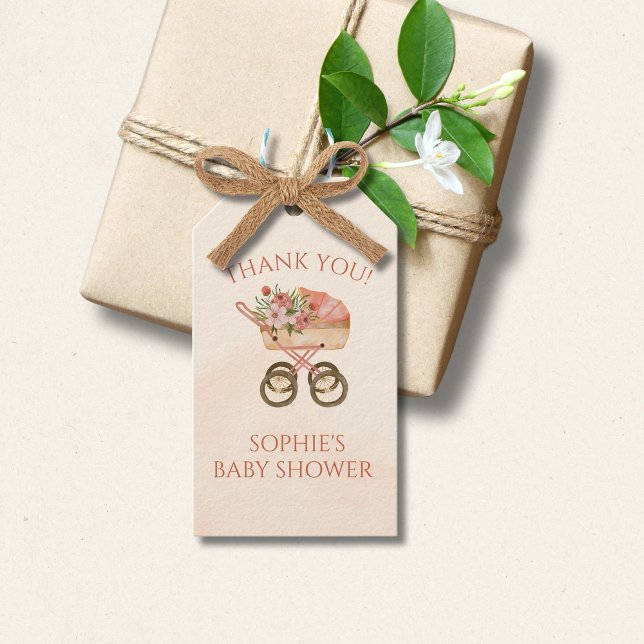 Baby Carriage Floral Thank You Presentetikett (Skapare uppladdad)