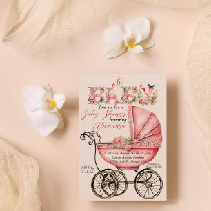 Baby Carriage Girl Baby Shower Inbjudningar