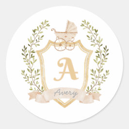 Baby Carriage Monogram A | Neutralt Birth Announce Runt Klistermärke