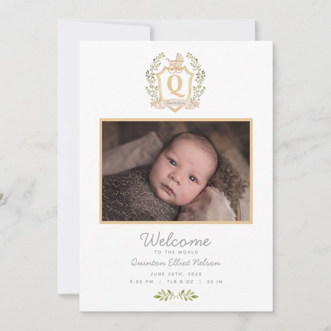 Baby Carriage Monogram Q | Neutraltens födelsedag Meddelande (Framsida)
