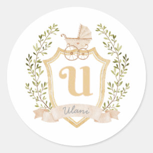 Baby Carriage Monogram U   NEUTRALT Runt Klistermärke