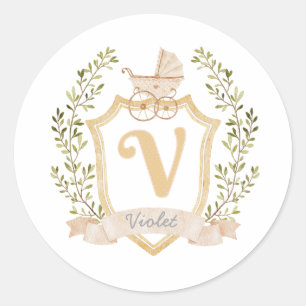 Baby Carriage Monogram V NEUTRALT Runt Klistermärke