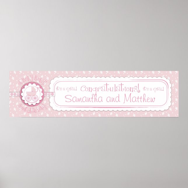 Baby Carriage & Nappar Baby Shower Banner Girl Poster (Framsidan)
