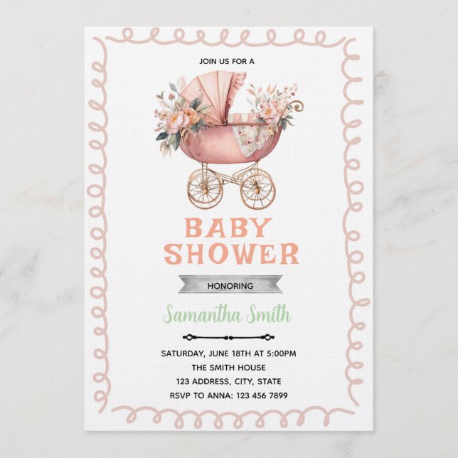 Baby carriage shower invitation inbjudningar (Framsida)