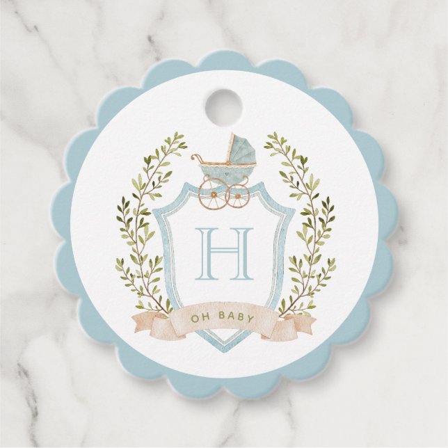 Baby Carriage Vapensköld Monogram | Blue Baby Show Gåvor Etiketter (Framsida)