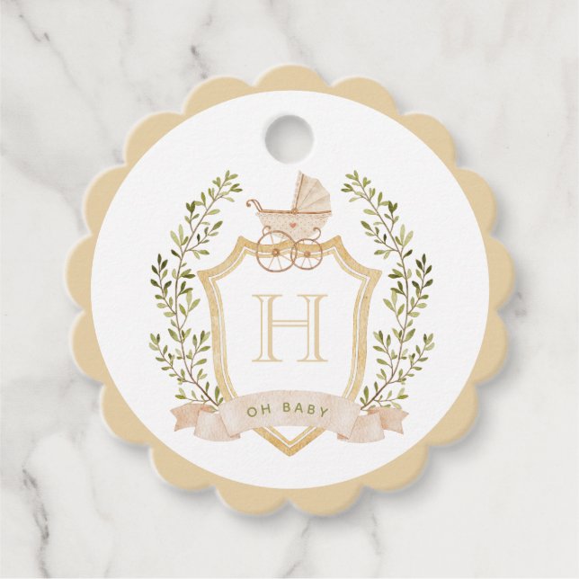 Baby Carriage Vapensköld Monogram | Neutralt Baby  Gåvor Etiketter (Framsida)