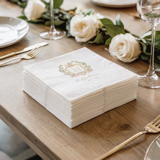 Baby Carriage Vapensköld Monogram | Neutralt Baby  Pappersservett (Simulation of a stack of napkins. Actual napkins have a coined textured border.)