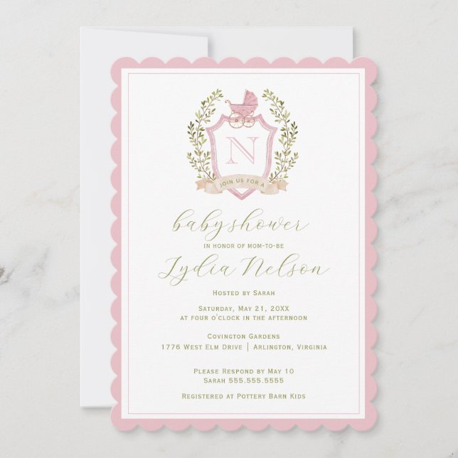 Baby Carriage Vapensköld Monogram | Rosa Baby Show Inbjudningar (Framsida)
