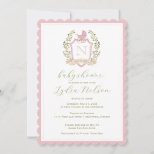 Baby Carriage Vapensköld Monogram Rosa Baby Show Inbjudningar