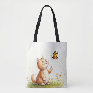 Baby Cat and Butterfly Tote Bag Tygkasse
