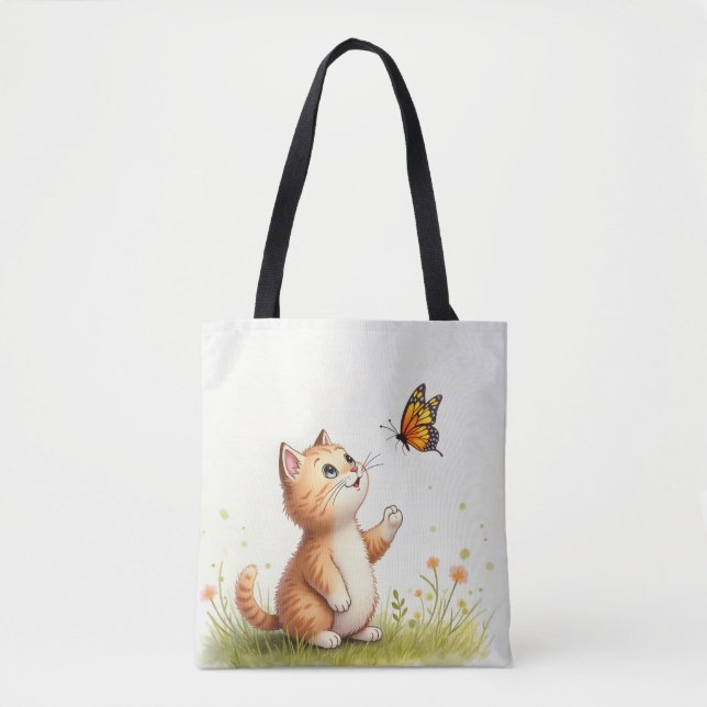Baby Cat and Butterfly Tote Bag Tygkasse (Framsida)