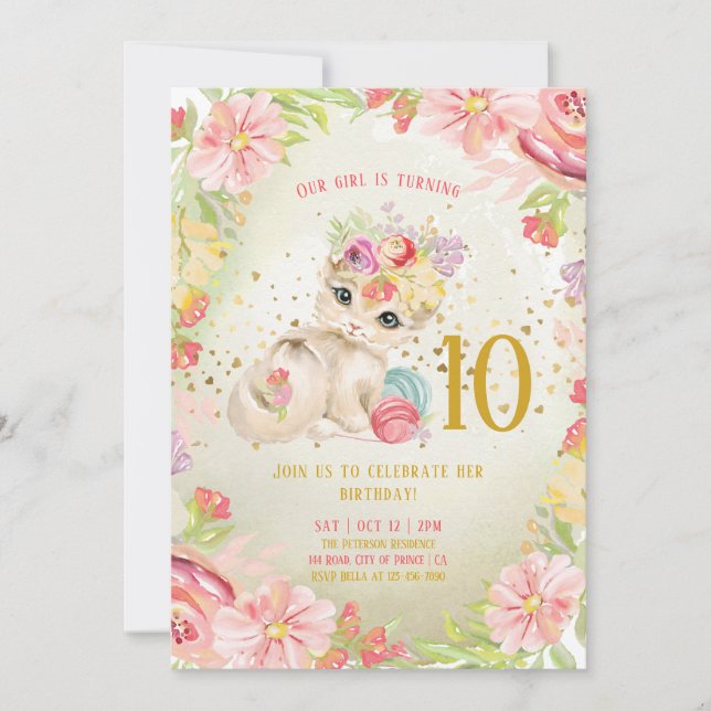 Baby Cat Watercolor Flowers Girl Birthday  Inbjudningar (Framsida)