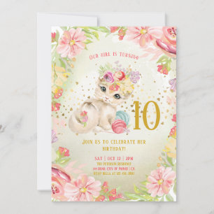 Baby Cat Watercolor Flowers Girl Birthday  Inbjudningar