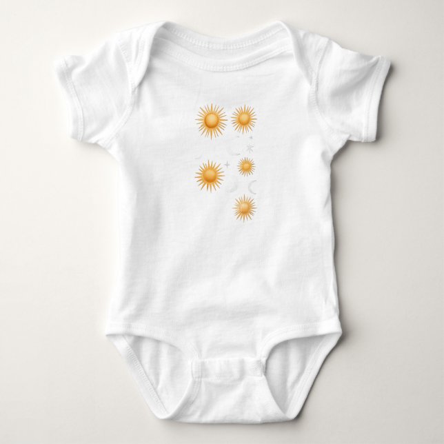 Baby Celestial Sol Måne Stjärnor Guld Kroppsoveral T Shirt (Framsida)
