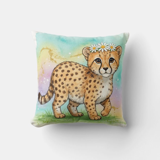 Baby cheetah med daisy krona kudde (Framsida)