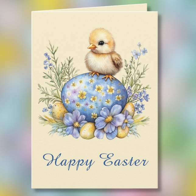 Baby Chick Happy Easter Egg Blue Yellow Flowers Kort (Skapare uppladdad)