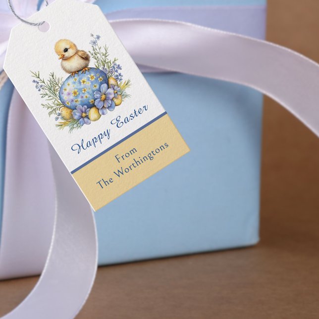 Baby Chick Happy Easter Egg Blue Yellow Flowers Presentetikett (Skapare uppladdad)