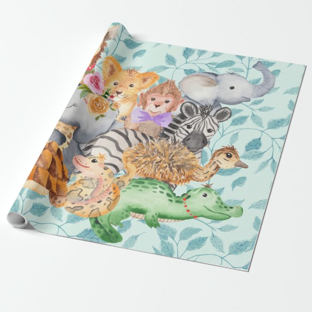 Baby, Child Jungle Animals Greenery Wrapping Pappe Presentpapper (Utrullad)