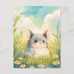 Baby Chinchilla i solig äng med vilda blommor grön Vykort