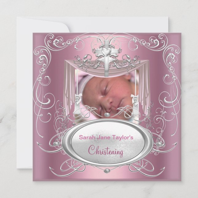 Baby Christening Baptism Girl Rosa Silver Kor Meddelande (Framsida)