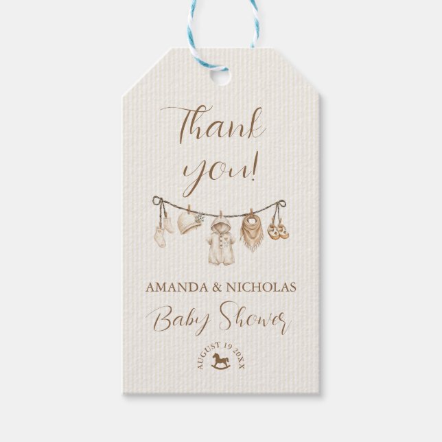 Baby Clothesline Neutral Baby Shower Thank You Presentetikett (Framsidan)