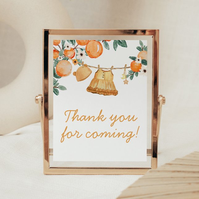 Baby Clothesline Orange Fruit Tack för att du kom Poster (Baby Clothesline Orange Baby Shower Thank you for Coming Sign)