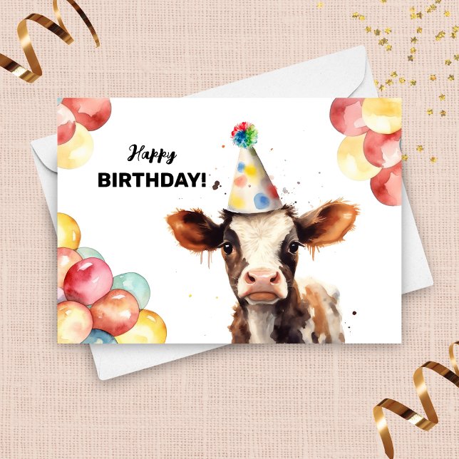 Baby Cow Balloons and Party Hat Farm Birthday Kort (Skapare uppladdad)