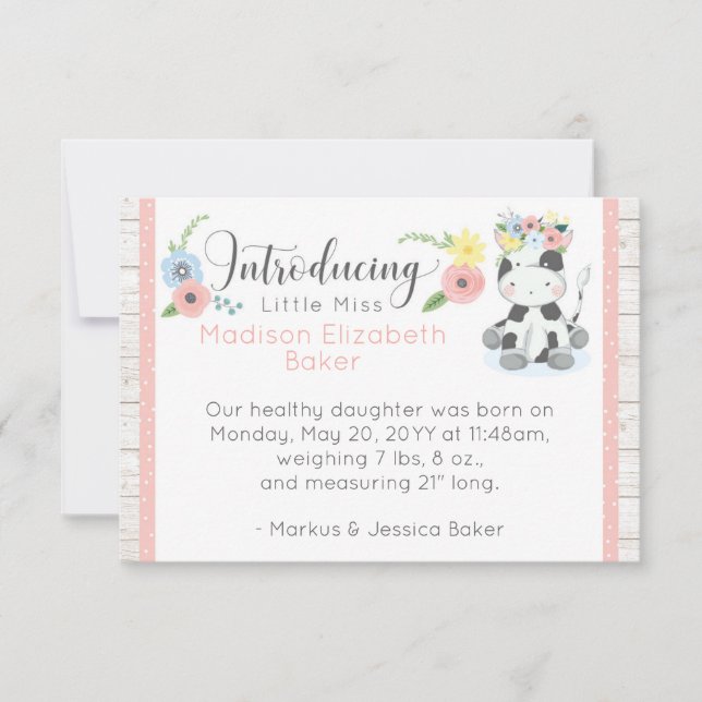 Baby Cow Rustic Blommigt Baby Birth Notice Meddelande (Framsida)