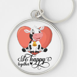 Baby Cow So Lycklig tillsammans Red Heart Keychain Rund Silverfärgad Nyckelring