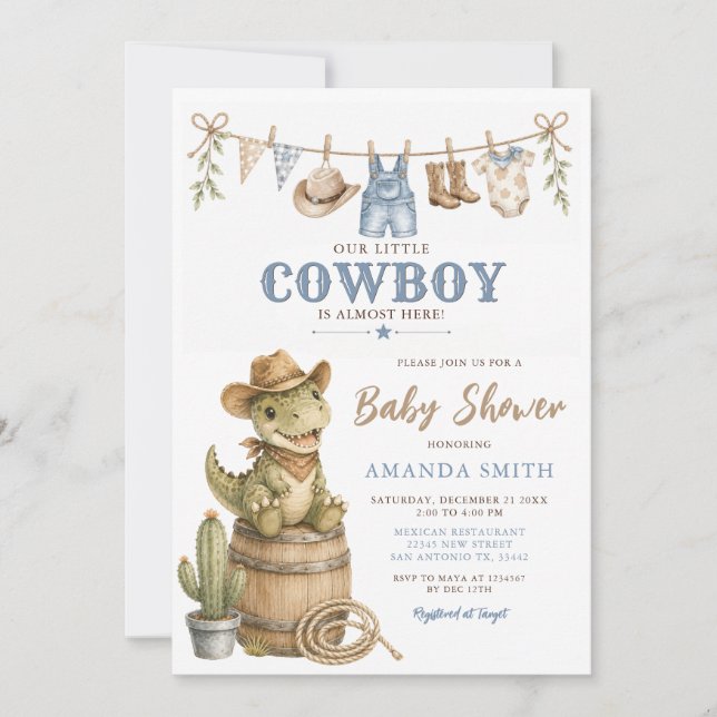 Baby Cowboy Dinosaur Bebis Bebisfest Inbjudningar (Framsida)