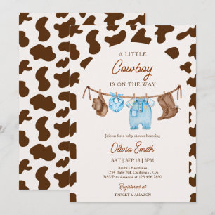Baby Cowboy Klädstreck Blå & Brun Bebis Duscharran Inbjudningar