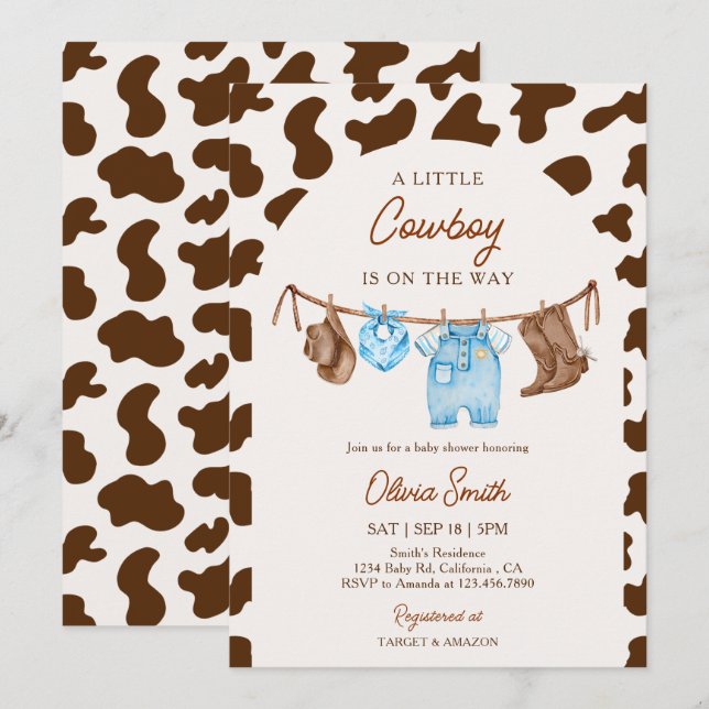 Baby Cowboy Klädstreck Blå & Brun Bebis Duscharran Inbjudningar (Fram/baksida)