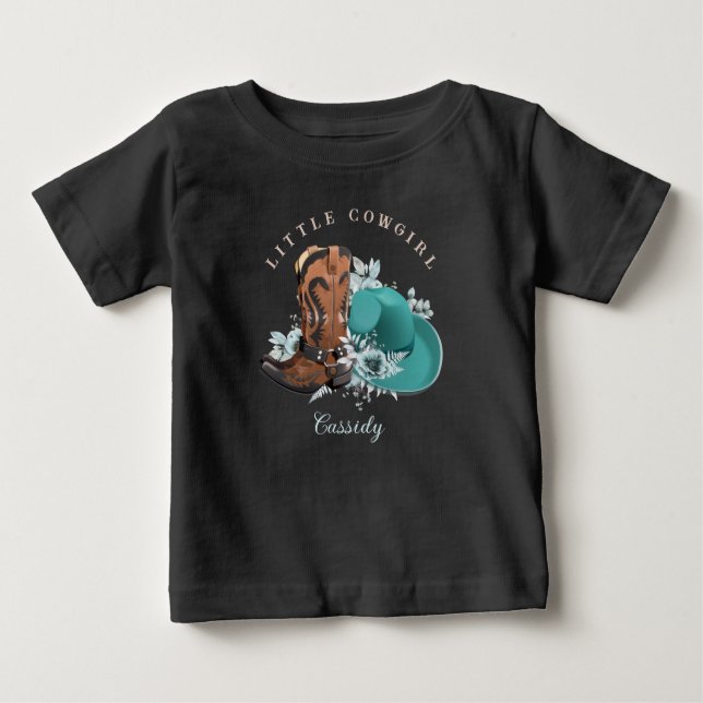 Baby Cowgirl cowboystövlar som turkos brunt namn T Shirt (Framsida)