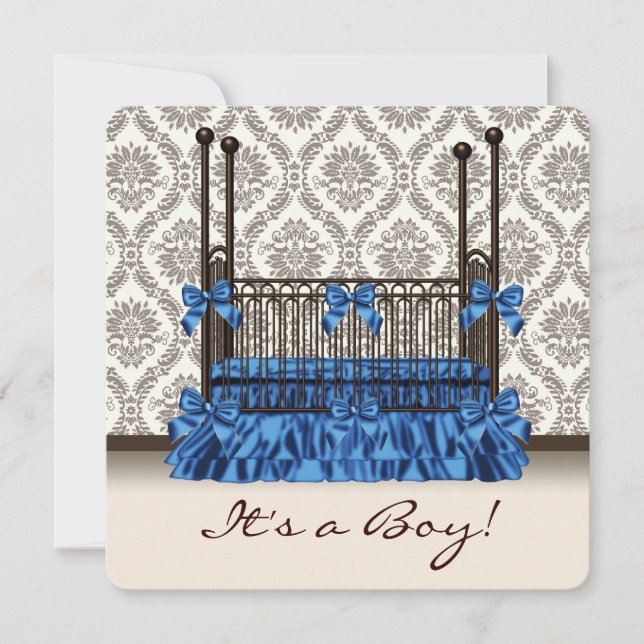 Baby Crib Blue Brown Damask Pojke Shower Inbjudningar (Framsida)