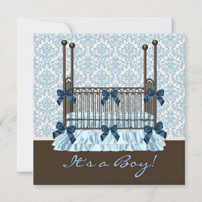 Baby Crib Blue Brown Damask Pojke Shower Inbjudningar (Framsida)