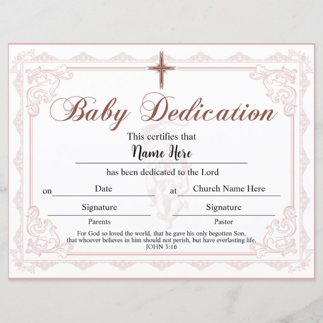 Baby Dedication Certificate Rosa Girl Girl (Framsida)