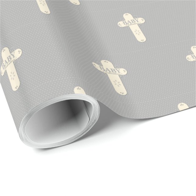 Baby-dedikation kräm och grå kors presentpapper (Rullad Hörn)