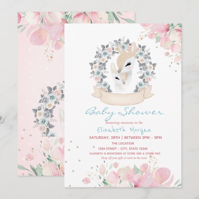 Baby Deer Blommig Drive By Baby Shower  Inbjudningar (Fram/baksida)