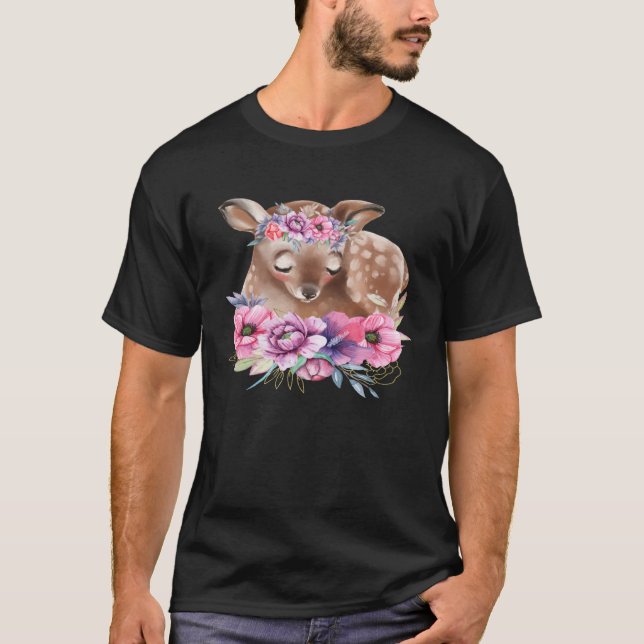 Baby Deer Fawn with Flowers Forest Animals Nature  T Shirt (Framsida)
