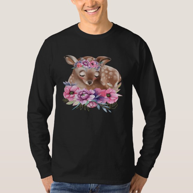 Baby Deer Fawn with Flowers Forest Animals Nature  T Shirt (Framsida)