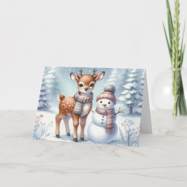 Baby Deer with Snowman Christmas Holiday Card Helgkort (Framsida)