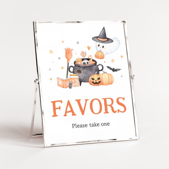 Baby delar Orangen Halloween-favoriter Poster (Baby is Brewing Baby Shower Favors Sign)